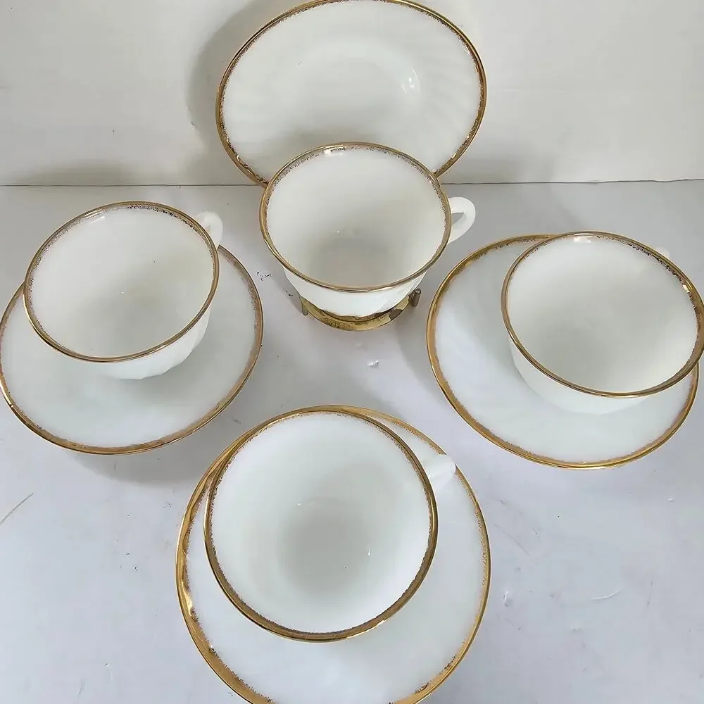 Vintage Fire King Cups Saucers GOLDEN ANNIVERSARY Swirl Gold Rim Set of 4 1950s